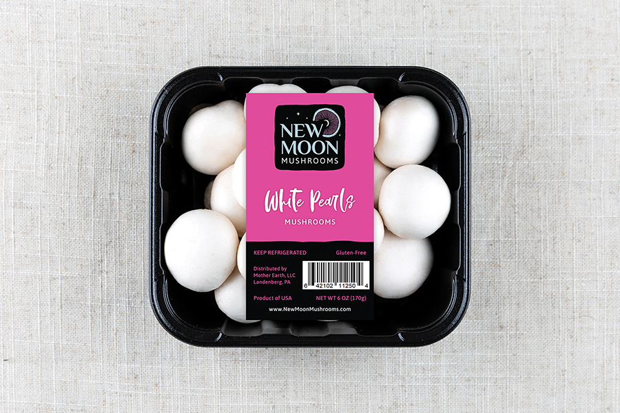 New Moon Mushrooms white pearls label design